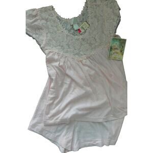Y2K Aria Intimates Pink Lace Cotton Pajama Short 2pc NOS Set Sz L Eyelet Bow